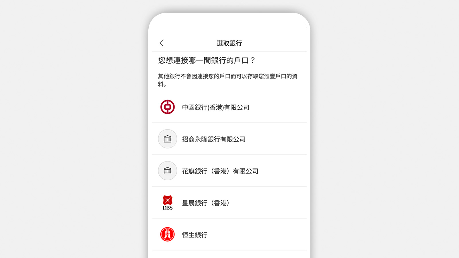 選擇您想連接的戶口所在的銀行
